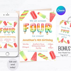 We All Scream Four Ice Cream Birthday Invitation, 4th Birthday Party, Ice Cream Theme, Sweet To Be Four, Printable Editable Canva Template