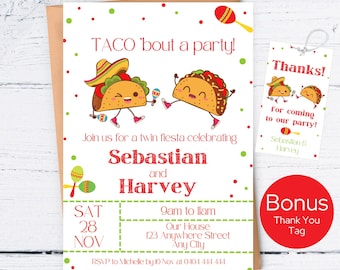 Taco Bout A Party Invitation Twins, Twin Fiesta Birthday Invite, Editable Mexican Fiesta Party Template, Joint Birthday, sibling birthday