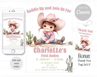 Invitación para primer cumpleaños de vaquera de rodeo, invitación para vaquera ensillada, vaquera del salvaje oeste, primer cumpleaños, plantilla editable de Canva