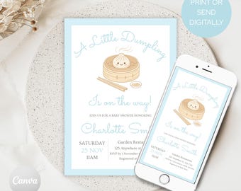 Little Dumpling Baby Shower Invitation, Blue Boy Dim Sum Invite, Bao Baby Shower, Boy Baby SHower, Editable Canva Template, FF020