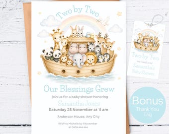 Noah’s Ark Twin Baby Shower Invitation Template, Two by Two Our Blessings Grew, Baby Shower Invite for Twins, Bible Theme, Editable Invite