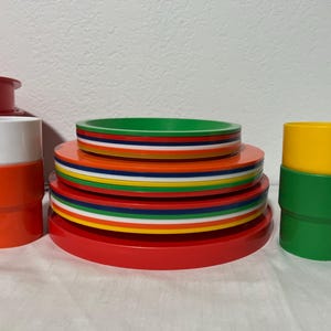 Vintage Red Chicago Ingrid Party Ball dish set; 18 plates, 4 cups, rainbow picnic party set