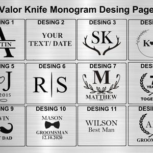 May include: A metallic gray display sheet titled Valor Knife Monogram Desing Page featuring twelve distinct black engraved monogram options. Each rectangular box contains unique text, initials, dates, and graphic elements like hearts, antlers, and laurel wreaths.