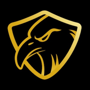 May include: A gold eagle head emblem inside a shield shape, on a black backdrop. The eagle has a fierce expression, with a curved beak and sharp eye. The design is simple but striking, ideal for branding or logos.