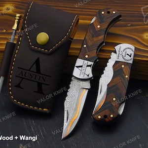 Handmade Damascus Steel Pocket Knife Forged Copper Anniversary Folding Knife Wooden and Turquoise Handle Groomsman Gift Father&#39;s Day Gift