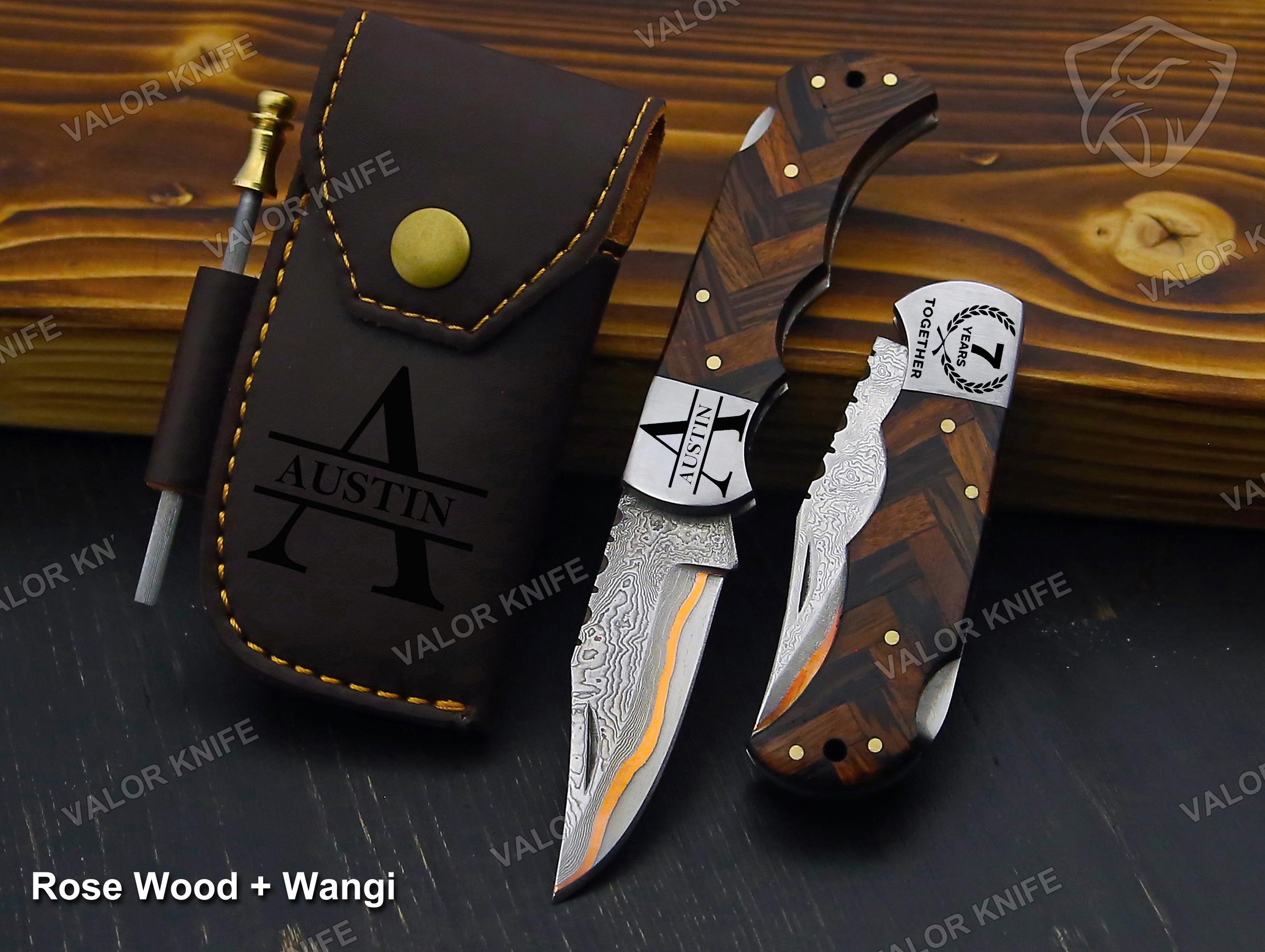 Handmade Damascus Steel Pocket Knife Forged Copper Anniversary Folding Knife Wooden and Turquoise Handle Groomsman Gift Father's Day Gift