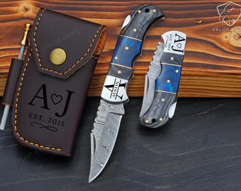 HANDMADE DAMASCUS Steel Pocket Knife, Custom Engraved Folding Knife, EDC Everyday Carry Knife, Anniversary Gift For Men, Groomsman Gift