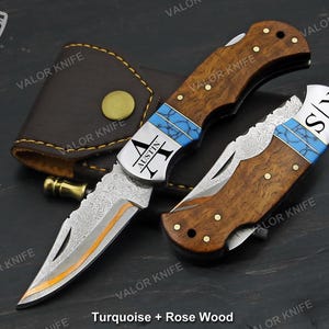 Custom Handmade Damascus Steel Pocket Knife Hand Forged Copper Blade Rose Wood & Turquoise Handle Anniversary Wedding Gift Groomsman Gift