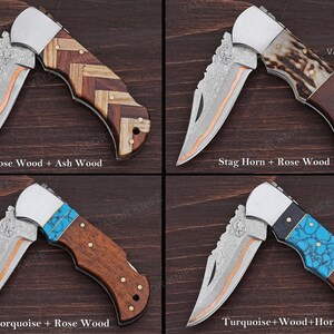 May include: Four folding pocket knives with silver bolsters and patterned blades. The handles feature varied materials: rose wood and ash wood, stag horn and rose wood, turquoise and rose wood, and turquoise, wood, and horn with brass pins.