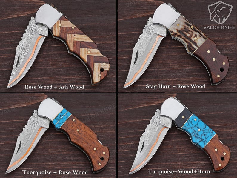 May include: Four folding pocket knives with silver bolsters and patterned blades. The handles feature varied materials: rose wood and ash wood, stag horn and rose wood, turquoise and rose wood, and turquoise, wood, and horn with brass pins.