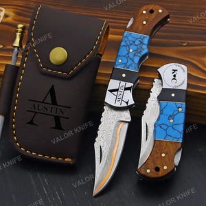 Personalized Handmade Copper Damascus Steel Pocket Knife Turquoise Handle Folding Knife Anniversary Gift Groomsman Gift Father&#39;s Day Gift