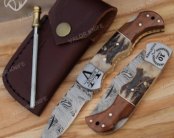 Handmade Pocket Knife Damascus Steel Folding Knife Deer Antler & Rose Wood Handle Anniversary Gift Groomsman Gift Best Gift For Him