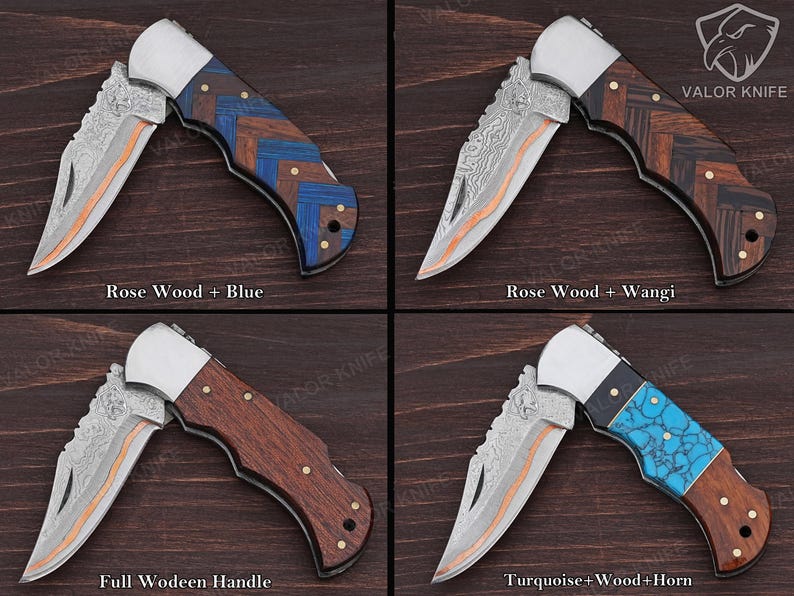 May include: Four folding pocket knives with patterned metal blades and metallic bolsters. The handles feature varied inlays: rosewood with blue wood, rosewood with wangi wood, full rosewood, and a combination of turquoise, wood, and horn materials.