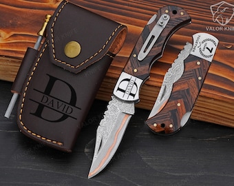 Copper Damascus Pocket Knife, Handmade Folding Knife, Personalized Knife Gift for Him, Custom Engraved Knife, Anniversary Gift for Husband