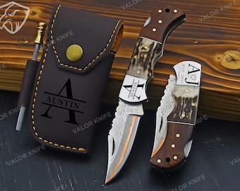 Handmade Damascus Steel Pocket Knife Copper Hand Forged Folding Knife Anniversary Gift Groomsmen Gift Father&#39;s Day Gift Boyfriend Gift