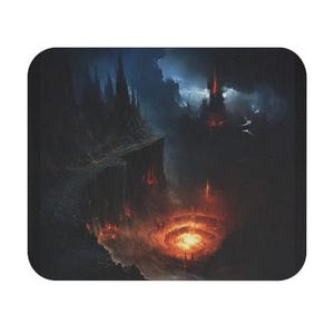 May include: A dark fantasy landscape with a fiery pit in the center. A tall, dark tower stands on a cliff overlooking the pit. The scene is lit by the glow of the fire.