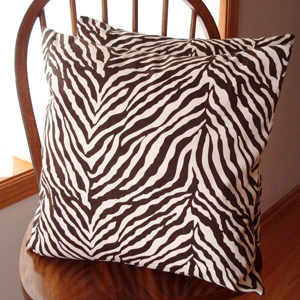 Pillow Cover in Brown and Cream Zebra Print -  16 inch square  with zipper closure