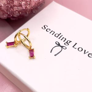 Gold huggie hoop earrings, pink gemstone earrings, gifts for her, pink huggie hoop dangle earrings,  gemstone Huggies, everyday earrings