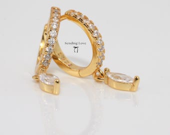 Marquise diamond earrings, gold hoop earrings, bridesmaid earrings gifts for her, diamond huggie hoop marquise diamond style earrings, gifts