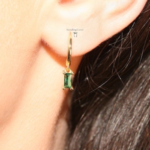 Emerald Hoop Earrings May Birthstone Huggies in Sterling Silver or Gold, Gift for Her May Birthday, bridesmaid emerald earrings gift for her