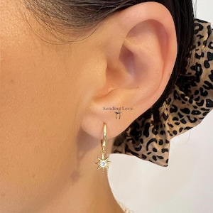 Birthday gift Star hoop huggie earrings, 925 silver star hoop earrings, Birthday gift for her, Starburst hoops, Mother’s Day  gift earrings