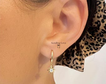 Birthday gift Star hoop huggie earrings, 925 silver star hoop earrings, Birthday gift for her, Starburst hoops, Mother’s Day  gift earrings