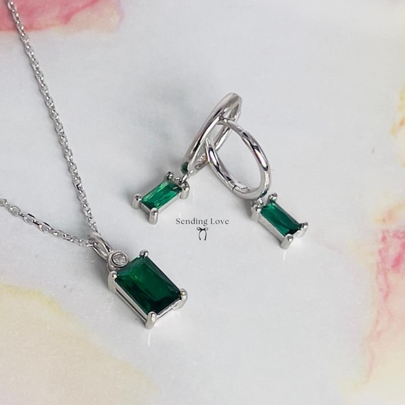 Emerald Jewellery Set: Sterling Silver Necklace and Earrings, Gold necklace and earrings ste with emerald stones Christmas gift for her