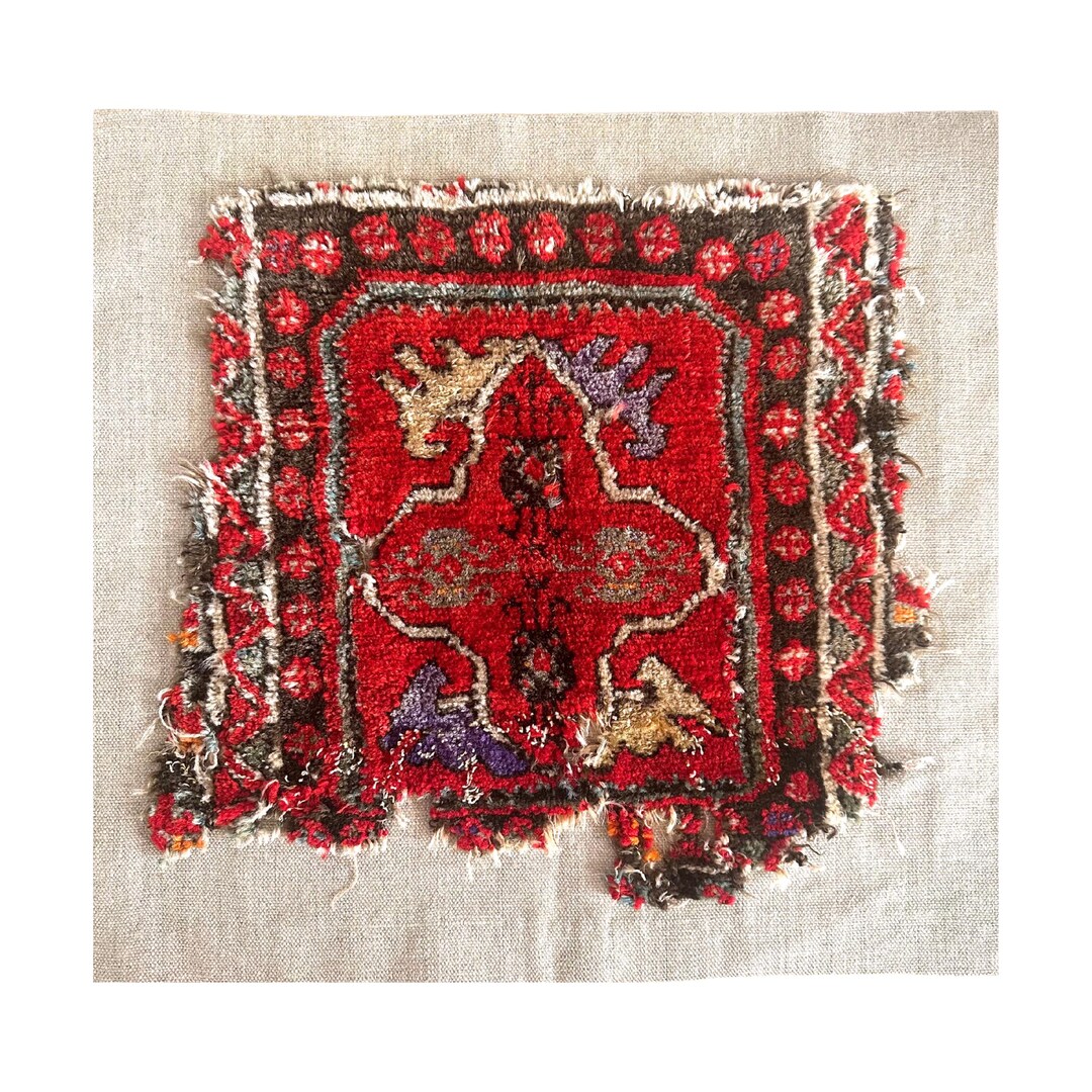 Turkish Rug Artist Distorted Vintage Turkish Rug Fragment on Linen, Hand-sewn Textile Art, Unique ...