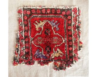 Vintage Turkish Rug Fragment on Linen, Hand-Sewn Textile Art, Unique Wall Décor, Turkish Rug Piece on Linen, Textile Wall Art, Vintage Decor