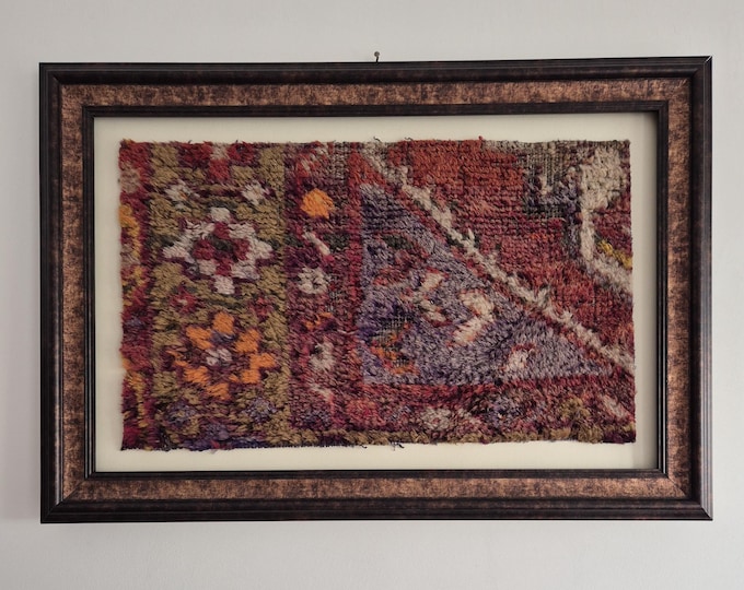 Framed Vintage Turkish Rug Fragment, Handmade Wool Rug Wall Hanging ...