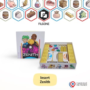 Könnte beinhalten: Gezeigt werden eine Brettspielbox und ihr Inhalt. Die Box zeigt eine farbenfrohe Illustration von zwei Charakteren und das Wort "ZENITH". Die Spielkomponenten umfassen Spielsteine und Karten. Der Text "Insert Zenith" ist ebenfalls sichtbar.