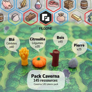 Könnte beinhalten: Ein Brettspiel mit Rohstoff-Tokens. Das Bild zeigt ein Weizenbündel, einen orangefarbenen Kürbis, einen braunen Holzstamm und einen grauen Stein. Der Text auf dem Bild lautet "Pack Caverna 145 ressources".