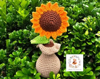 Sonnenblume mit Vase Häkelmuster, Sonnenblume häkeln, Häkelblumen, Sonnenblumenstrauß häkeln, Häkelmuster, Sonnenblume häkeln