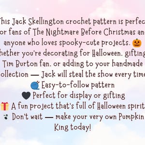 May include: Text on a light purple background reads: "This Jack Skellington crochet pattern..." and describes the pattern as perfect for fans of The Nightmare Before Christmas and spooky projects. It also mentions it's a fun Halloween project.