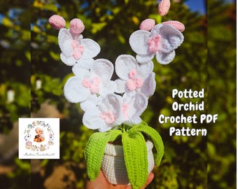 Orchid Crochet Pattern, Flower Crochet Patterns, Crochet Home Decor, Flower Basket Crochet Pattern, Potted Orchid Crochet, Flower crochet