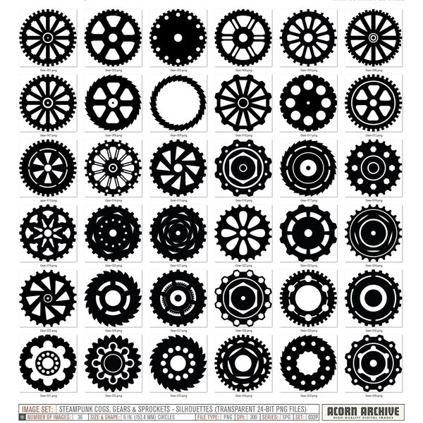 144 images 6" 4" 2" 1" PNG Cogs Clipart Gears Sprockets Clip Art Steampunk Gears Clip Art Digital Scrapbooking Silhouette Instant Download