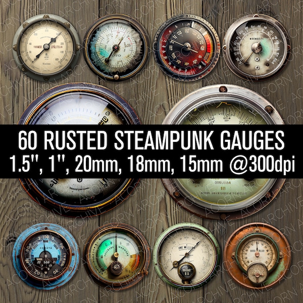 Jauges / cadrans Steampunk rouillés Images imprimables pour bijoux, pendentifs, cabochons, lunettes, scrapbooking - JPG + PNG - Haute résolution 300 dpi