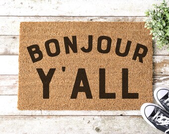 Bonjour Y'all Door Mat | French Welcome Mat | Texas Housewarming Gift | Bilingual Doormat | Southern Coir Door Mat | Louisiana Entry Way Mat