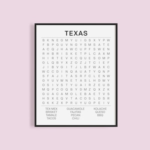 以下が含まれることがあります： 「TEXAS」という単語が上にある白黒の単語検索パズル。パズルには、テキサス料理に関連する単語が含まれています。例えば、「Tex-Mex」、「Brisket」、「Guacamole」、「Fajitas」、「Tacos」、「Queso」、「BBQ」、「Tamale」、「Pecan」、「Chili」などです。
