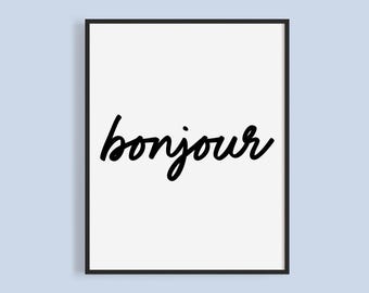 Bonjour Cursive Printable Sign: French Greeting Art (Digital Download)