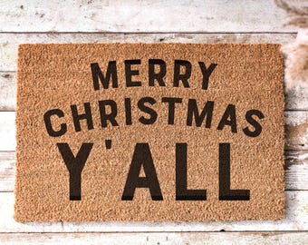 Y'all Christmas Welcome Mat Texas-Themed Merry Christmas Doormat for Front Porch Christmas Decor Under 100 Southern Holiday Outdoor Decor