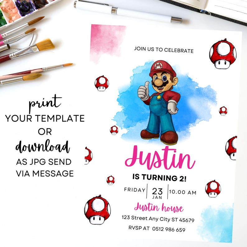 Editable Super Mario Birthday Invitation for Boys, Super Mario Birthday ...