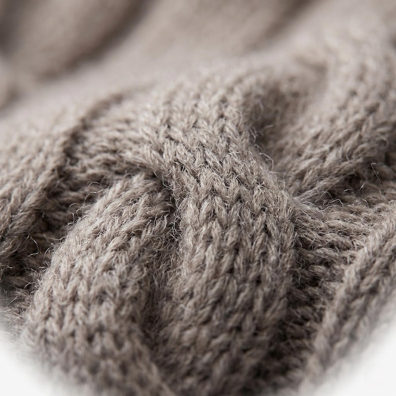 May include: Close-up of a knitted item in a neutral, light brown color. The texture is a cable knit pattern, with visible raised stitches and a soft, fuzzy appearance. The fabric appears to be thick and warm, suggesting a winter accessory.