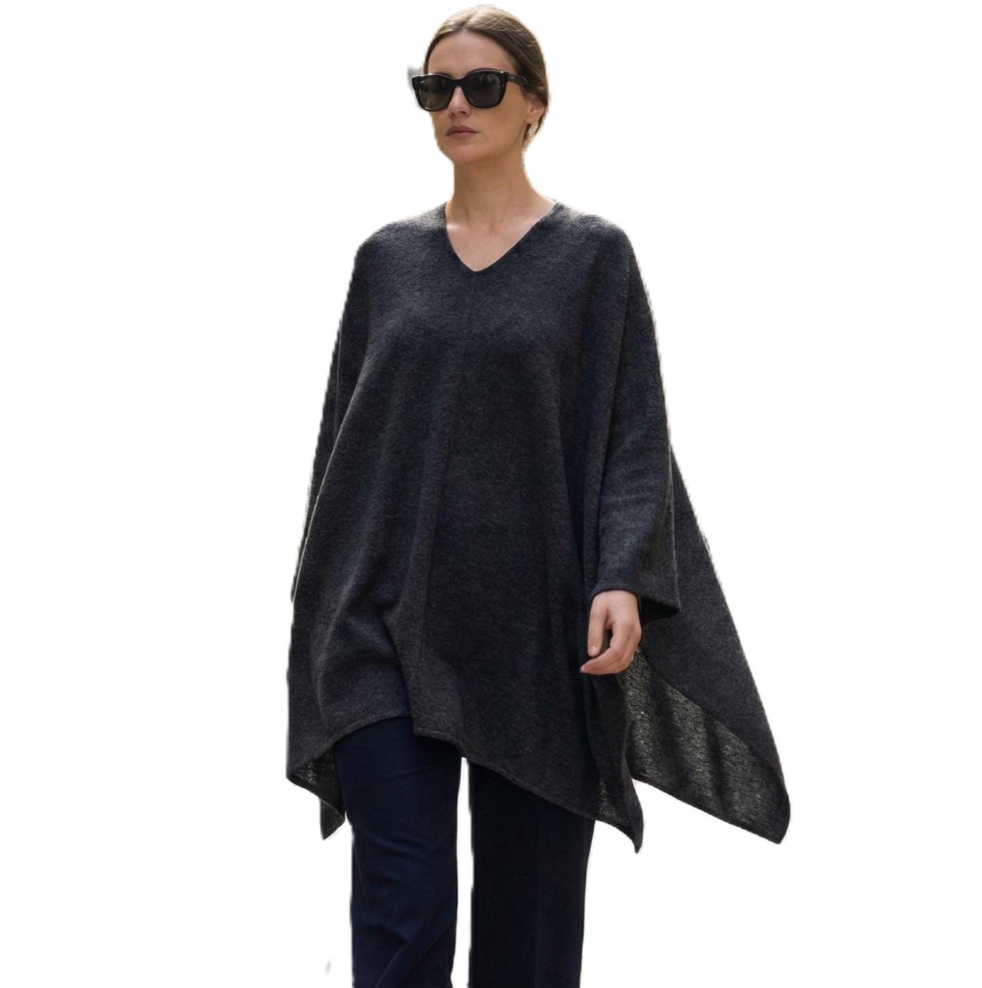 NPIA Certified | V-Neck Poncho 100% Undyed Cashmere | 2-Ply 16 Micron 12-Gauge | Free Size Natural Wool Wrap | Handmade in Nepal