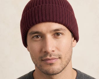 Gorro de hombre 100 % cachemir puro con certificación NPIA / Gorro clásico de punto acanalado de 2 capas y 16 micras con puño / Gorro ligero de invierno para uso diario de 50 g