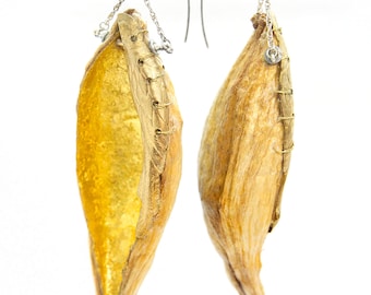 Long Real Gold Inlaid Milkweed Pod Earrings Lightweight Large Bright Bold Statement Jewelry Bright Glamour Natural Nature