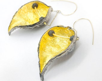 Real Gold Inlaid Milkweed Pod Earrings Lightweight Large Statement Jewelry Bright Glamour Natural Nature