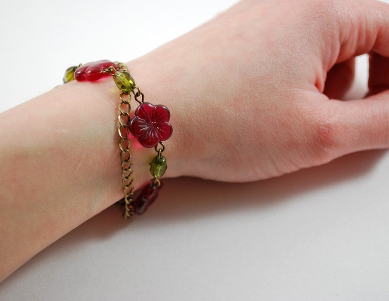 Cranberry and olive flower bracelet image 5