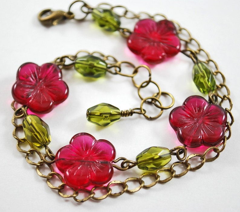 Cranberry and olive flower bracelet image 3