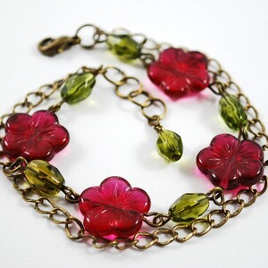 Cranberry and olive flower bracelet image 1